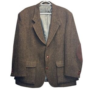 VTG Orvis Harris Tweed Handwoven Scottish Wool Blazer 44R Herringbone Suede MINT